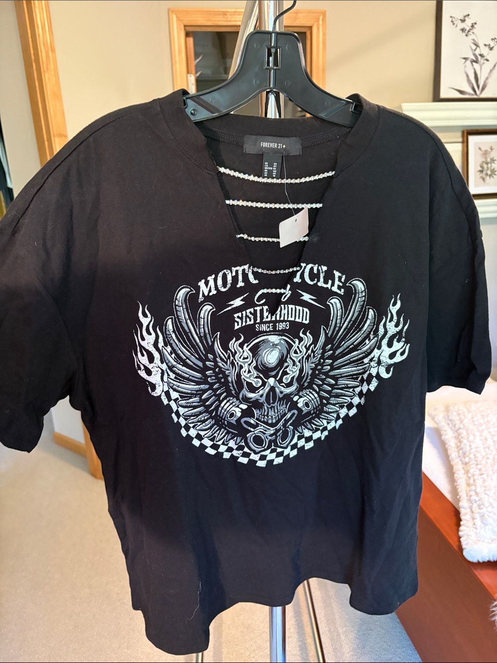 Forever 21 Black Tee with Silver/white Motorcycle Sisterhood Skull Graphic